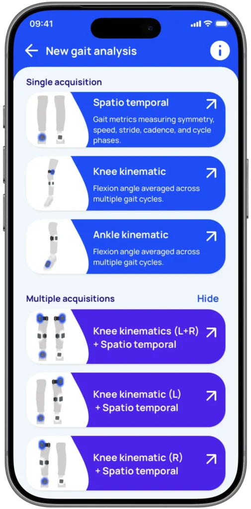 Image is a screenshot of the SENSE gait analysis software interface where physical therapists can choose a multiple acquisition option. Options include "knee kinematic (L or R) + spatio-temporal", "Knee kinematics both knees (L&R)", "Ankle kinematics both ankles (L&R)", and more.