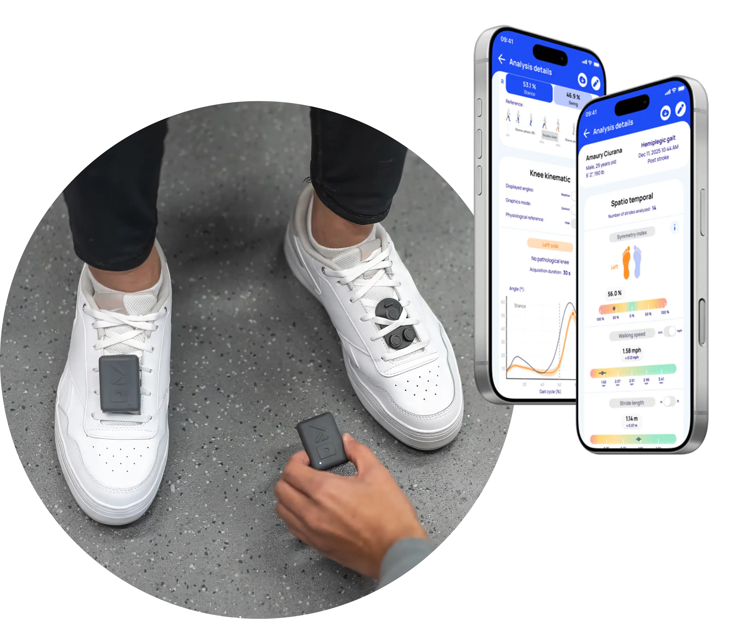 REEV SENSE unit attached to a shoe with screenshots. 