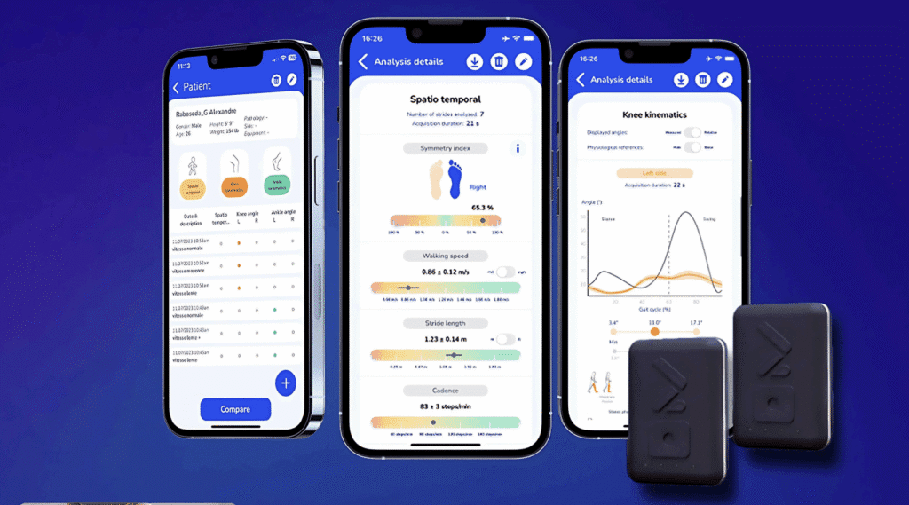 Image shows three cell phones showing images from the REEV SENSE app. Two small sensors, which work with the SENSE app, are also in the image. 