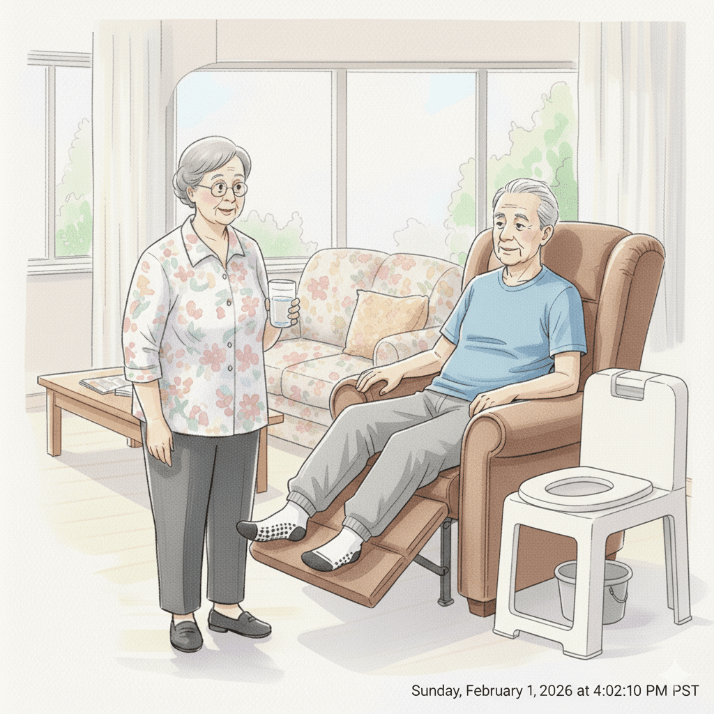 Elderly man sits in his recliner following a stroke with a bedside commode close. His wife stands and looks at him.