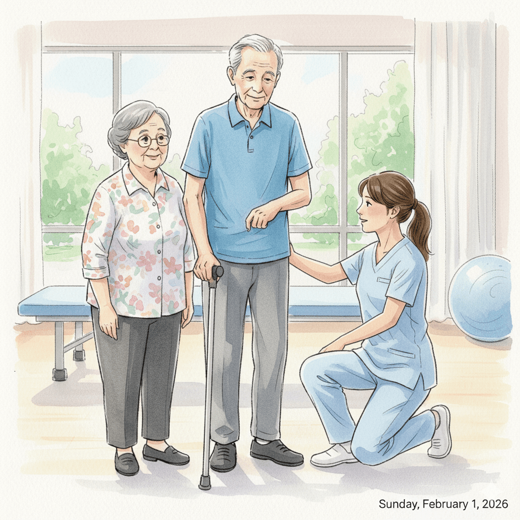 Elderly gentleman walking with a cane after a stroke. His wife is beside him alongside a PT. They are in a physical therapy clinic. 
