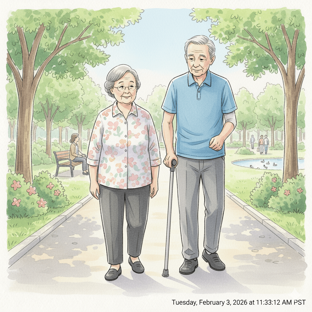 Elderly man with a cane walks with his wife on a paved outdoor path. 