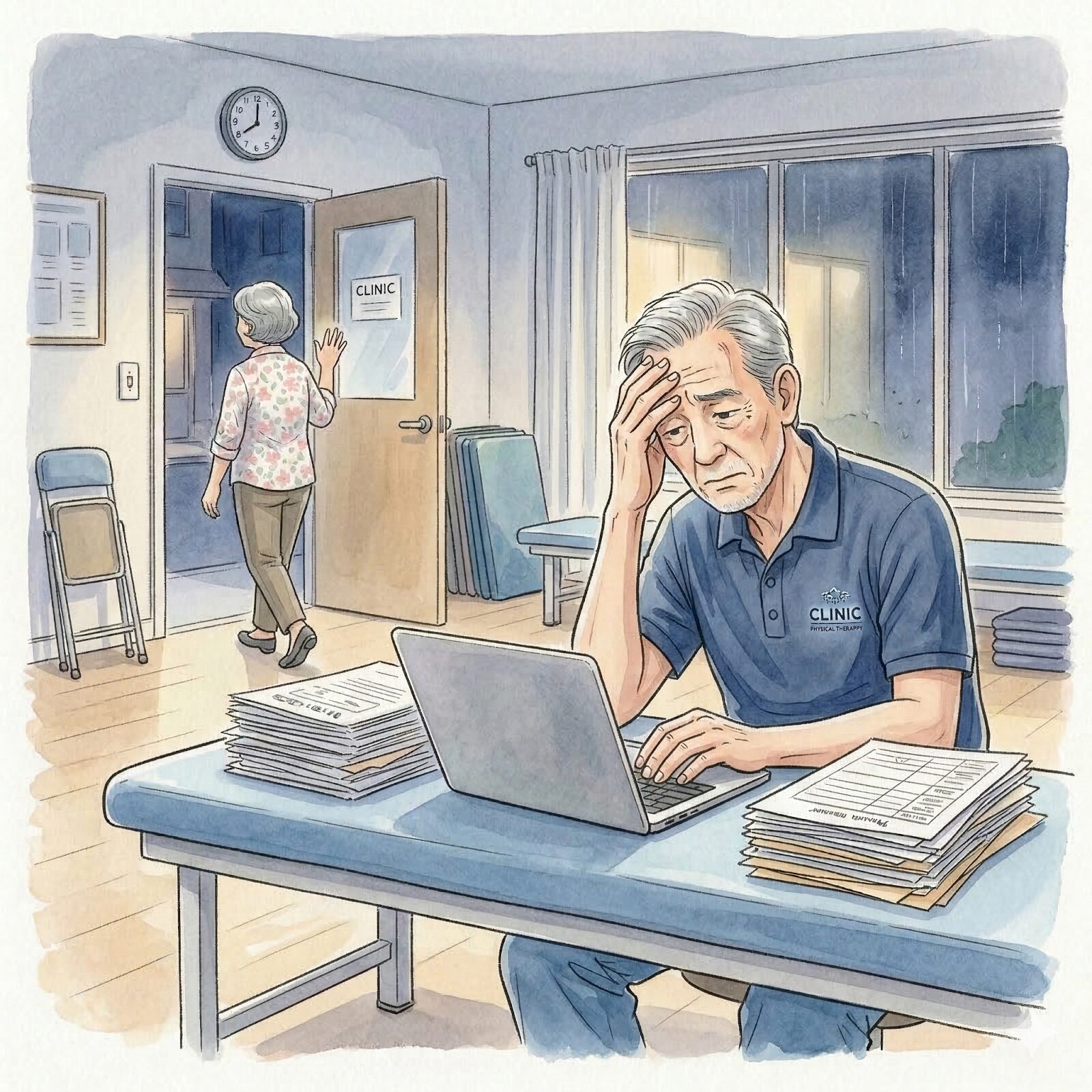 Physical therapist with lap top and files working on documentation at night. 